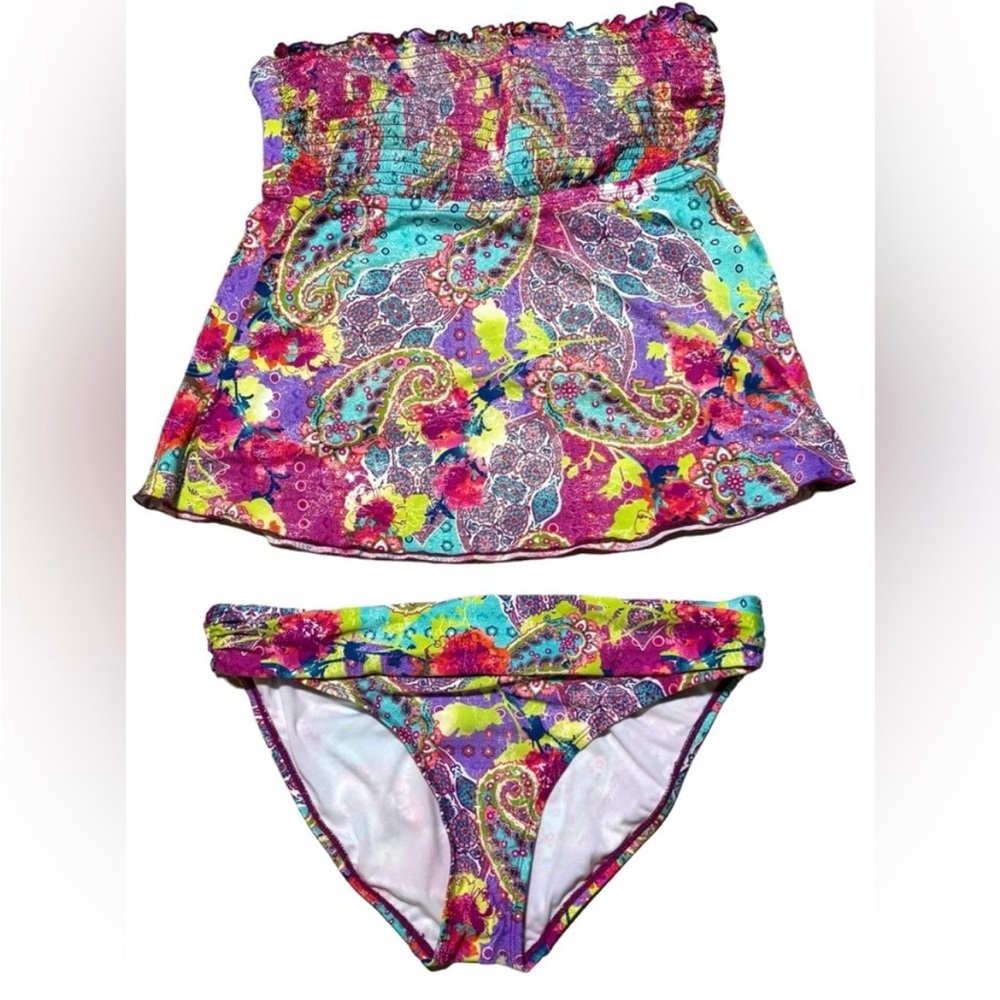 2PC Kenneth Cole Reaction Smocked Paisley Print Tankini Swim Suit Set Size Large